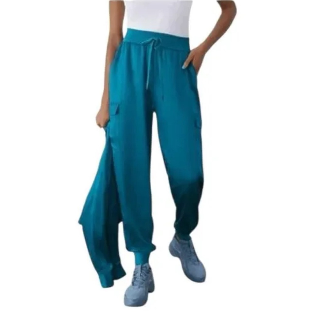 GSTQ Teal Green Satin Cargo Jogger Pants Drawstring